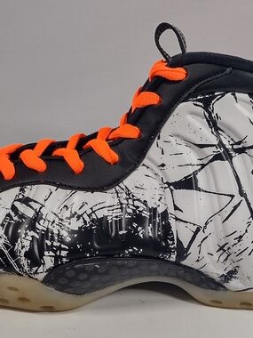 Nike White and Black Graphic Foamposite Sneaker with Orange Laces